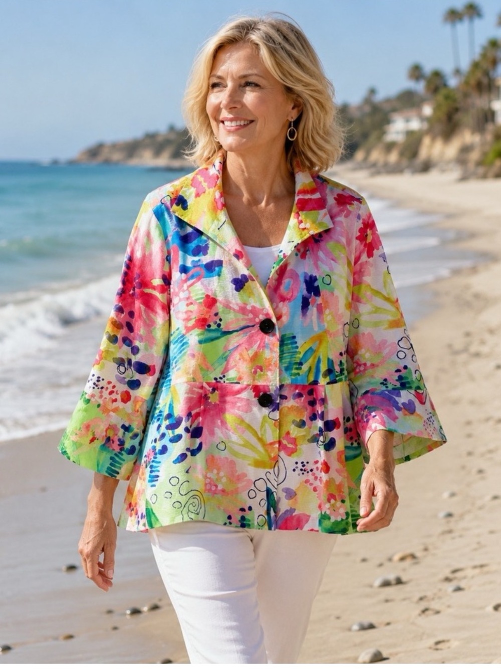 NWT Ali Miles Lightweight Watercolor Floral Print Jacket Wire Collar Size PM